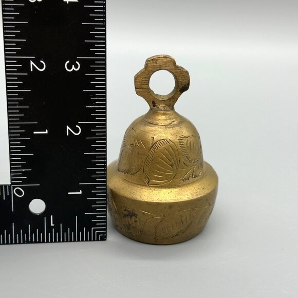 Vintage Solid Brass Small Bell Etched Leaf Engraving Service Meditation Ornate - Picture 6 of 7